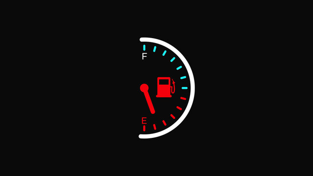 Fuel gauge icon showing empty gas level with red needle pointing to e on a black background