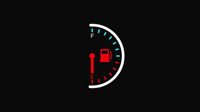 Minimal fuel gauge icon showing empty tank level with red needle and indicator on a black background for automotive dashboard display design