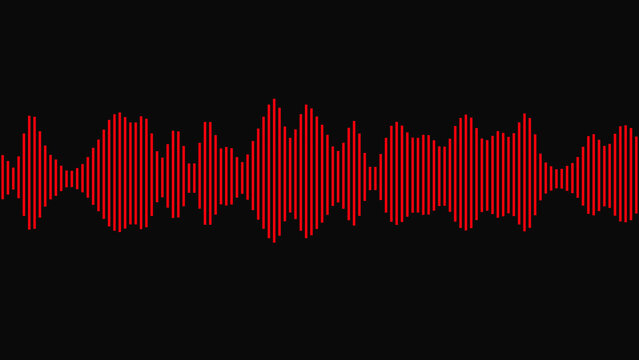 Abstract red sound wave equalizer graphic with vertical lines on a dark background showing digital audio frequency visualization for music technology and modern media design concepts