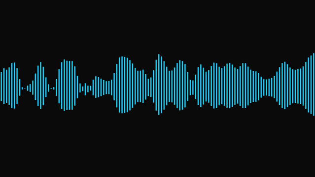Bright blue digital sound wave audio frequency equalizer bar graph on a dark black background representing music rhythm technology data visualization and electronic communication signal pattern design
