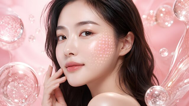 Beautiful Asian woman with dewy skin and glowing pink fractional laser matrix