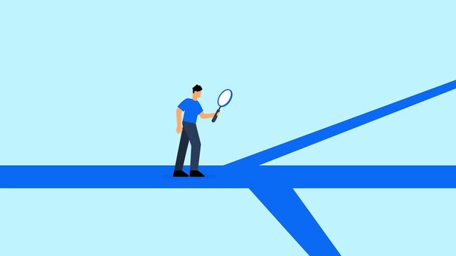 Future opportunity strategy conceptual animation showing a man looking down a split road with a magnifying glass.