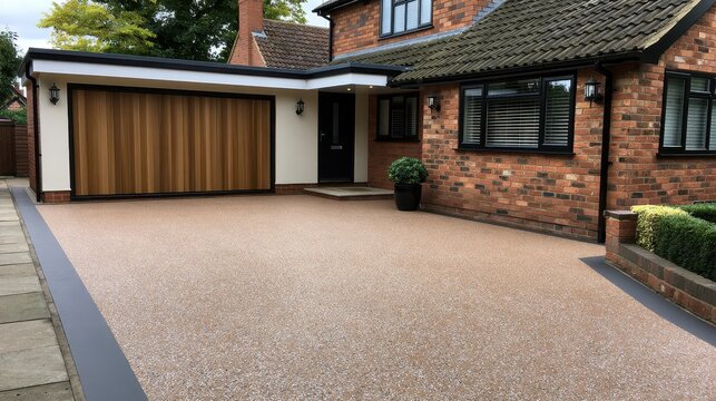 A modern resin bound driveway installed in front of a brick house with a wooden garage door. Perfect for landscaping and home renovation concepts.