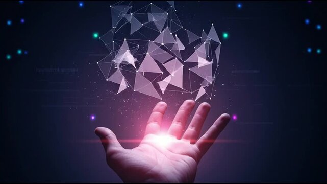 Human hand interacting with glowing digital network particles in a dark environment creating a futuristic motion animation video sequence concept