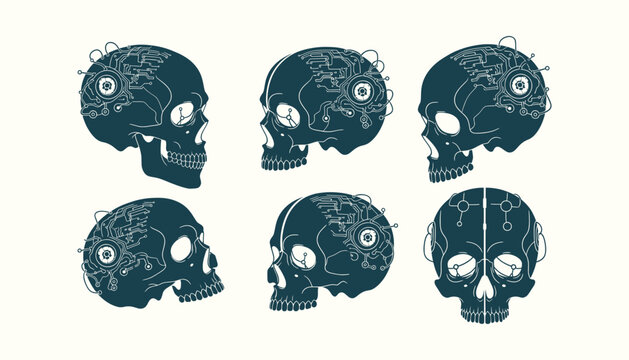 Collection of cybernetic human skulls with electronic circuits and biomechanical technology vector