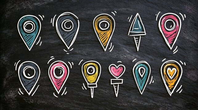 Doodle location pin. Sketch local icons. Hand drawn pencil address coordinate symbols, chalk digital map pinpoint, GPS tag, place marker, journey point. Vector set Stock Vector