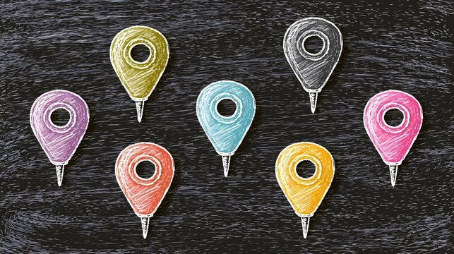 Doodle location pin. Sketch local icons. Hand drawn pencil address coordinate symbols, chalk digital map pinpoint, GPS tag, place marker, journey point. Vector set Stock Vector