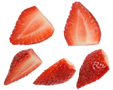 Red ripe strawberries, juicy pieces on isolated background