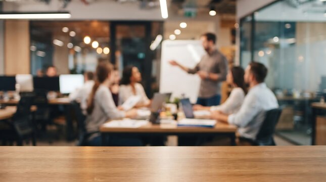 Blurred business team in meeting with presenter at whiteboard in modern office setting with wooden table foreground for business presentation and corporate training