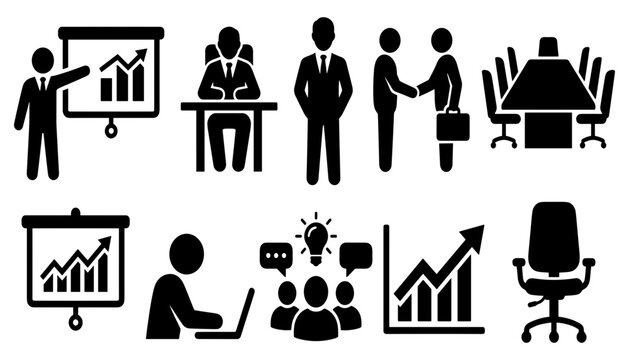 Business Icons Depicting Various Professional Activities and Concepts Featuring Office, Work, Meeting with Presentation and Chart
