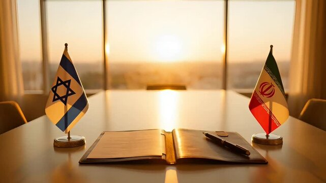 close up of a lacquered table with installed flags of israel and iran between which lies an open folder with an important international document and a pen against a bright sunset