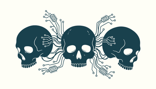 Three Human Skulls Connected by Digital Electronic Circuits and Microchips Vector Illustration Art.
