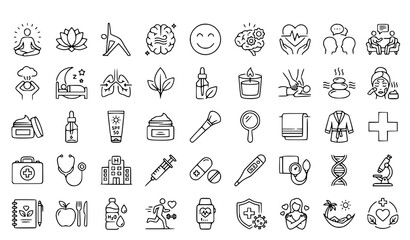 Fototapeta premium 45 Thin Line Wellness Mental Health Healthcare Spa and Cosmetics Icons Set Editable Stroke Medical Outline Vector Collection