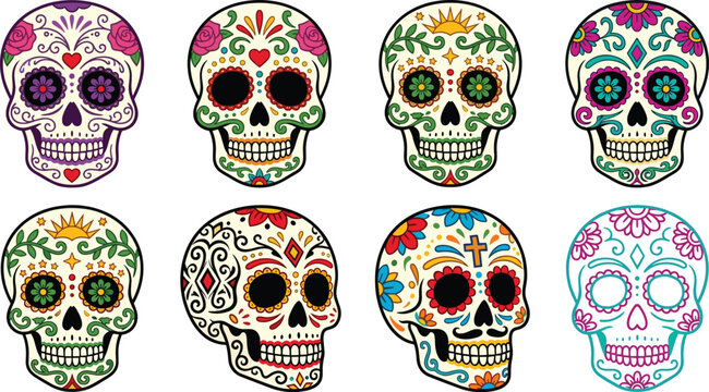 Mexican Sugar Skull Icon Set with Traditional Day of the Dead Dia de los Muertos Colorful Calavera Floral Ornamental Designs Vector Illustration