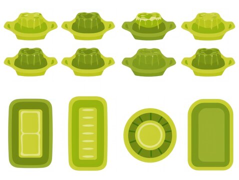 Green jelly molds and rectangular containers arranged neatly