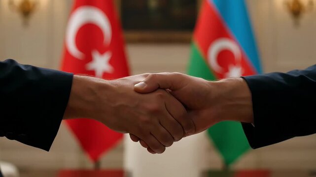 close up of a firm handshake between two politicians in business suits against the background of blurred state flags of turkey and azerbaijan inside a ceremonial meeting hall