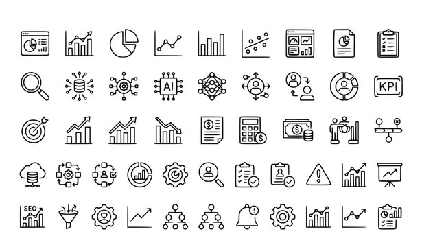 45 Thin Line Analysis Analytics and Infographic Icons Set Editable Stroke Business Data Visualization Vector Collection