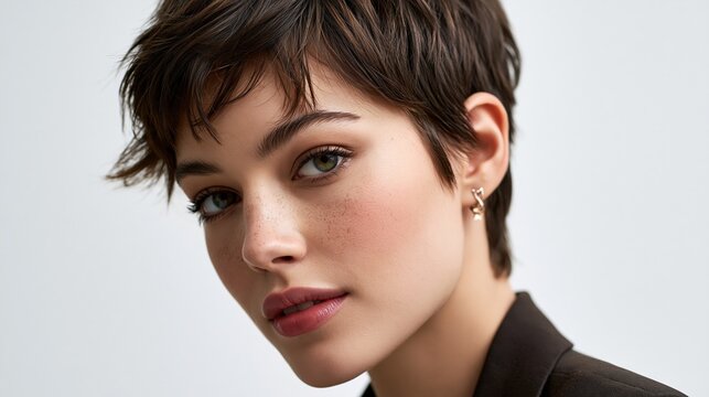 A woman with a bixie haircut, full hairstyle clearly visible from crown to nape, professional three-point studio lighting, clean seamless white background