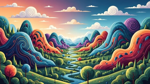 Colorful surreal fantasy landscape with rolling hills vibrant trees and swirling clouds at sunrise over dreamy valley