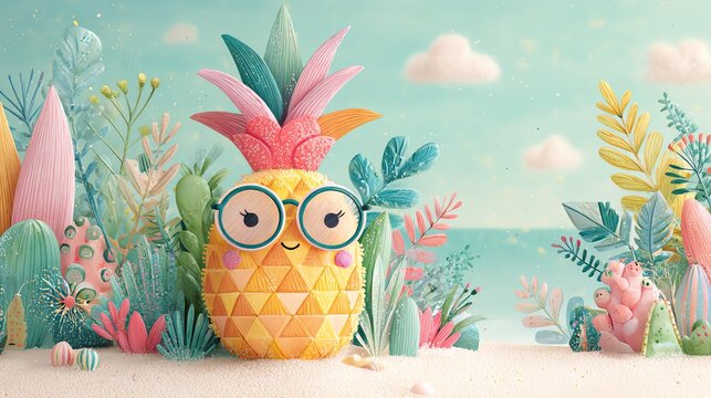 Cheerful pineapple character in vibrant scenery.