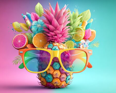 Colorful fruit arrangement with sunglasses.