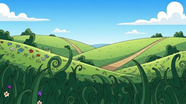 Colorful whimsical illustration of rolling green hills with swirling patterns and scattered wildflowers under a bright blue sky with fluffy clouds