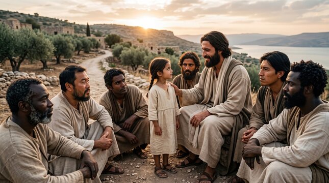 Jesus sitting with group of multicultural disciples and a small girl in biblical landscape. Christian scene depicting humility and teachings from Bible. Gospel of Matthew faith concept.