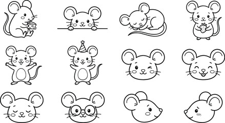 Obraz premium Cute Black Line Mouse Icon Set with Kawaii Cartoon Rodent Outlines Showing Eating Cheese, Sleeping, Wearing Birthday Party Hat for Kids Coloring Pages