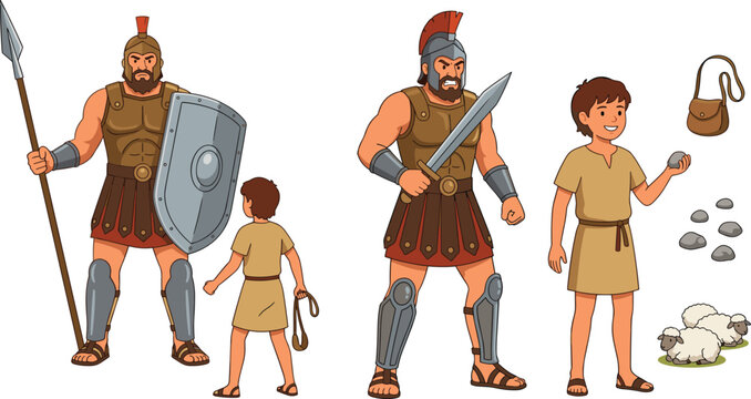 David and Goliath Biblical Story Character Set Featuring Philistine Giant Warrior in Armor with Sword and Young Shepherd Boy Vector Illustration