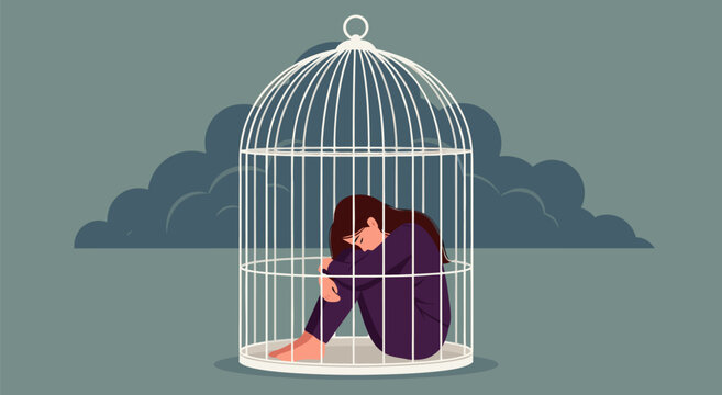 Sad woman trapped inside a birdcage conceptual vector illustration featuring a dark cloudy background for mental health awareness design