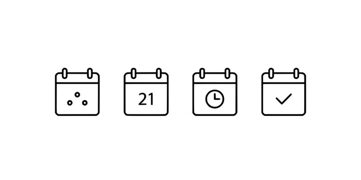 Calendar Icons in Row with Date, Time, Checkmark and Event Symbol for Planning and Scheduling Concept