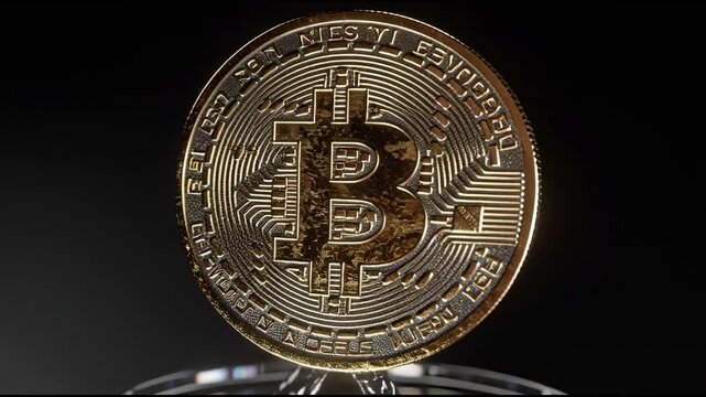 Bitcoin Gold Coin Spinning on Liquid Glass Surface, Macro Cinematic Crypto Finance Animation