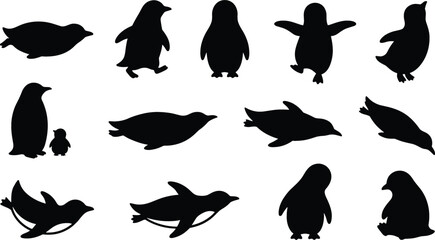 Black Penguin Silhouette Vector Icon Set with Arctic Bird Poses Showing Swimming, Walking, Jumping, and Standing for Winter Holiday and Wildlife Nature Graphic Designs © Rajiya