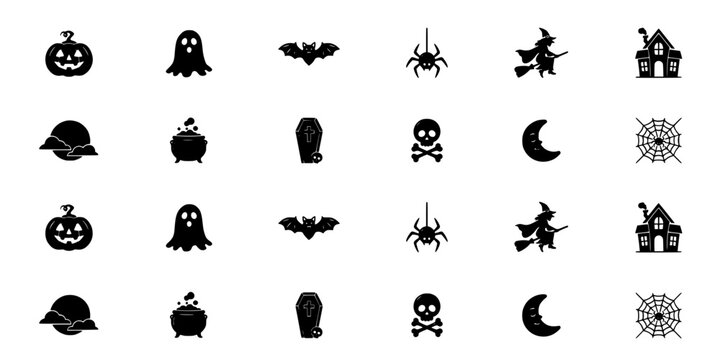 Halloween Icons Featuring Jack-O'-Lanterns, Ghosts, Bats, Spiders, Witches, Haunted Houses, Cauldrons, Tombstones, Skulls, and Moo