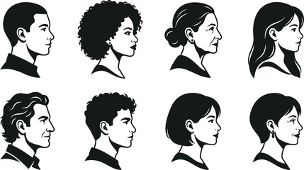 Fototapeta premium Set of diverse human head profile silhouettes featuring varied ages and hairstyles for character design