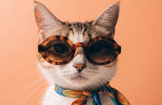 Stylish Cat Wearing Sunglasses and Colorful Scarf Fashionable tabby cat wears oversized tortoiseshell sunglasses and a colorful neck scarf against a warm peach studio background