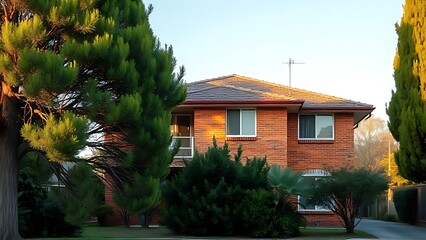 Fototapeta premium Suburban house with red brick facade under Australian afternoon light.