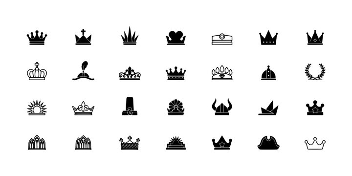 Crowns Displayed in a 4x6 Grid with Various Designs and Styles Featuring Crown, Royal, Icon with Design and Symbol Elements