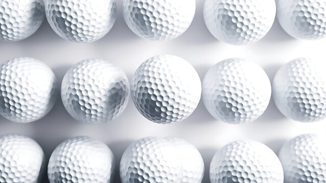 Golf balls arranged in a geometric pattern on a clean white minimalist background.