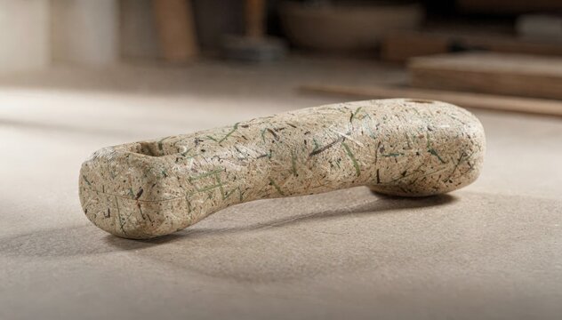 Medium shot of fiberreinforced biobased tool handle showcasing sturdy texture and ergonomic grip in natural light highlighting sustainable design and durable materials.
