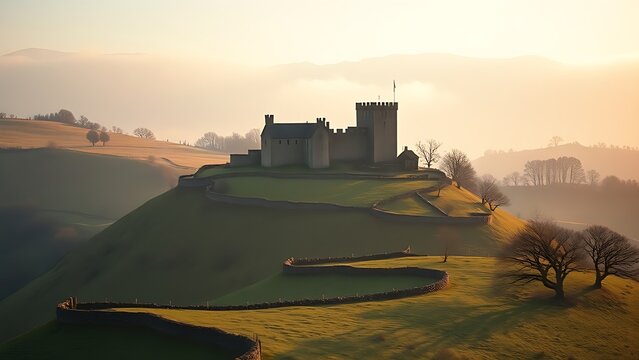Medieval stone castle on misty hills surrounded by forests and walls.
