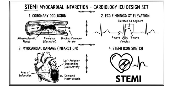 STEMI Myocardial Infarction Sketch Black White-Coronary Occlusion ST Elevation Damage-Heart Attack Vector-STEMI Icon Sketch-Cardiology ICU Design Set