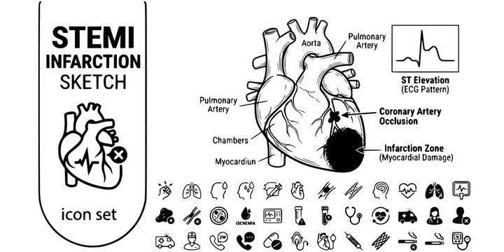 STEMI Myocardial Infarction Sketch Black White-Coronary Occlusion ST Elevation Damage-Heart Attack Vector-STEMI Icon Sketch-Cardiology ICU Design Set