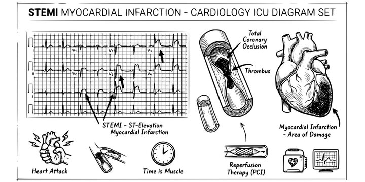 STEMI Myocardial Infarction Sketch Black White-Coronary Occlusion ST Elevation Damage-Heart Attack Vector-STEMI Icon Sketch-Cardiology ICU Design Set