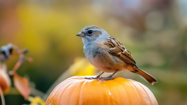 Small bird rests atop a round orange gourd during the autumn season.