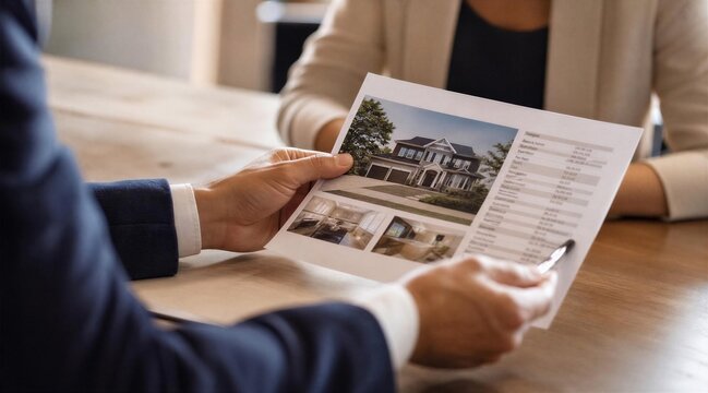 Real estate agent showing property listing to clients