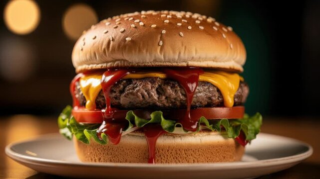 Delicious cheeseburger with juicy beef patty fresh lettuce tomato and ketchup on sesame seed bun
