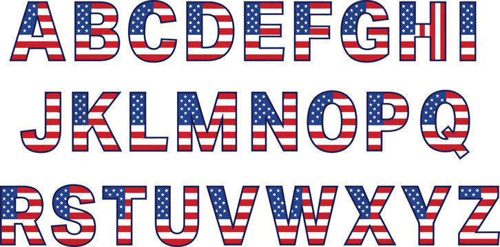 American flag pattern alphabet letters vector font set for patriotic designs