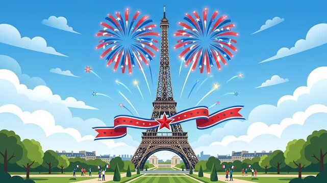 Animated fireworks explode over Eiffel Tower in Paris, France celebration