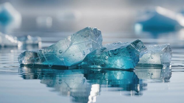 Close up of melting blue ice cubes floating on water surface in soft natural light